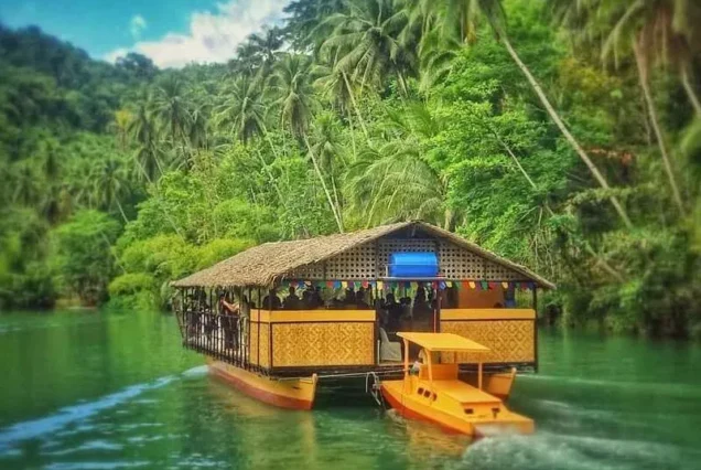 Lush green scenery along the peaceful Loboc River in Bohol, Philippines.