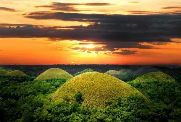 Panoramic view of the Chocolate Hills in Bohol, with hundreds of cone-shaped hills across the landscape.