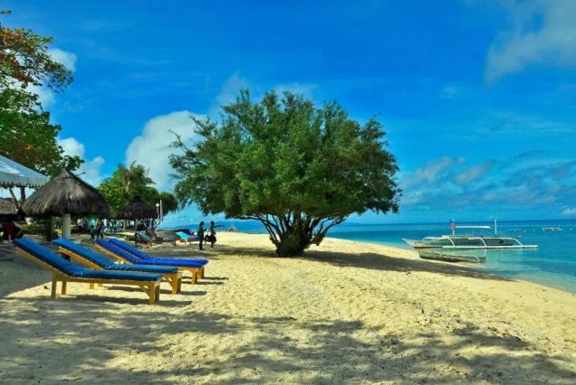 Balicasag Island in Bohol, Philippines, featuring crystal-clear turquoise waters, tropical scenery, and a beautiful island coastline.