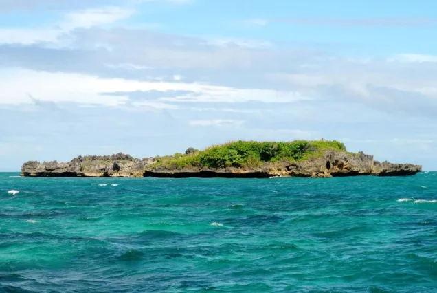 Crocodile Island in Boracay, surrounded by clear turquoise waters and tropical coastal scenery.
