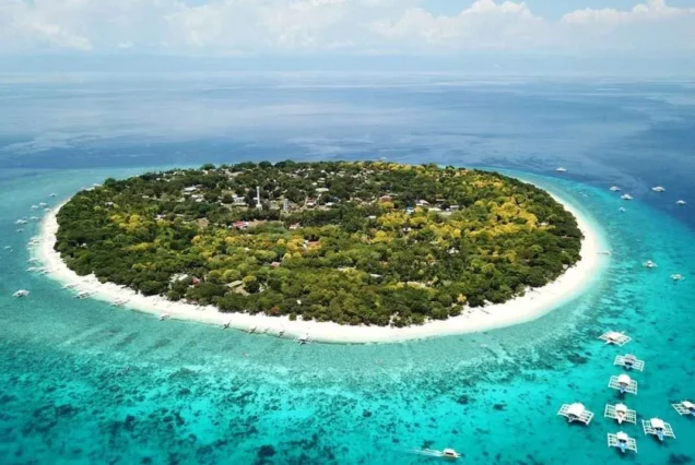 Pamilacan Island in Bohol featuring a white-sand beach, clear blue waters, and tropical island scenery.