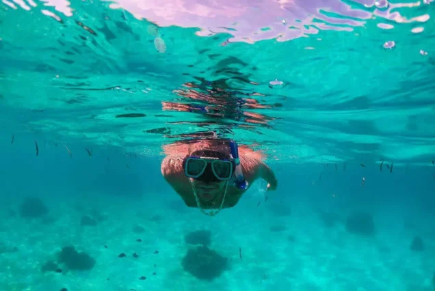 A traveler snorkeling in the clear waters of Pamilacan Island, Bohol.